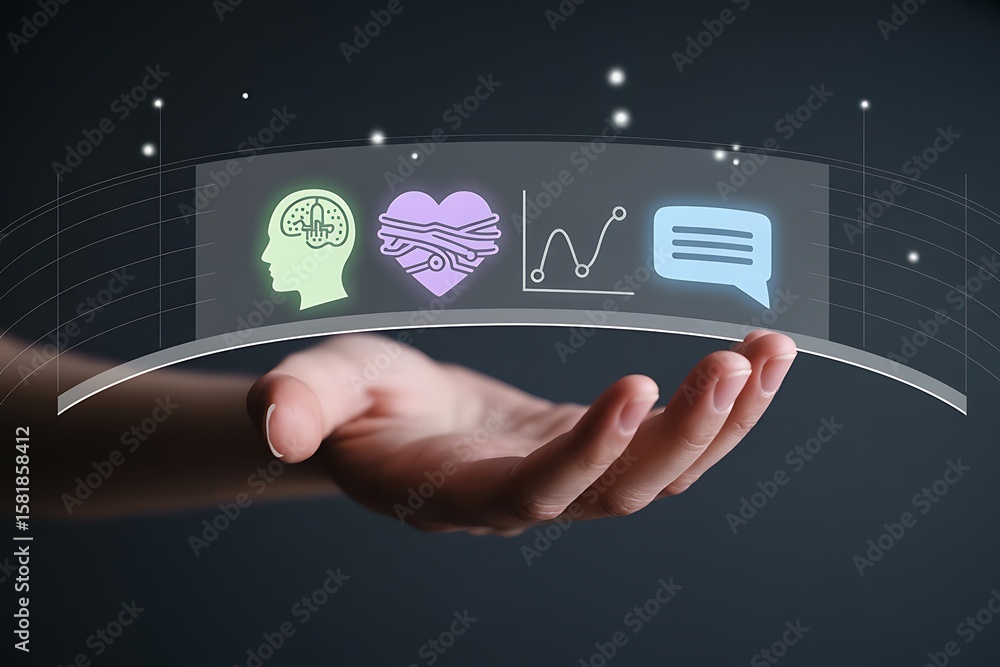 Poster human hand presenting digital interface with icons for brain heart analytics and communication techn