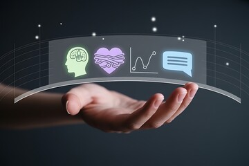 Human hand presenting digital interface with icons for brain heart analytics and communication technology