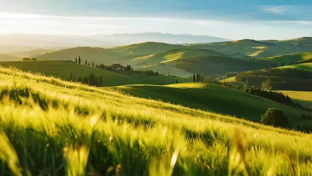 Golden-green rolling hills stretch under a vibrant sky, reminiscent of the Tuscan countryside. A beautiful, serene, and peaceful pastoral landscape.