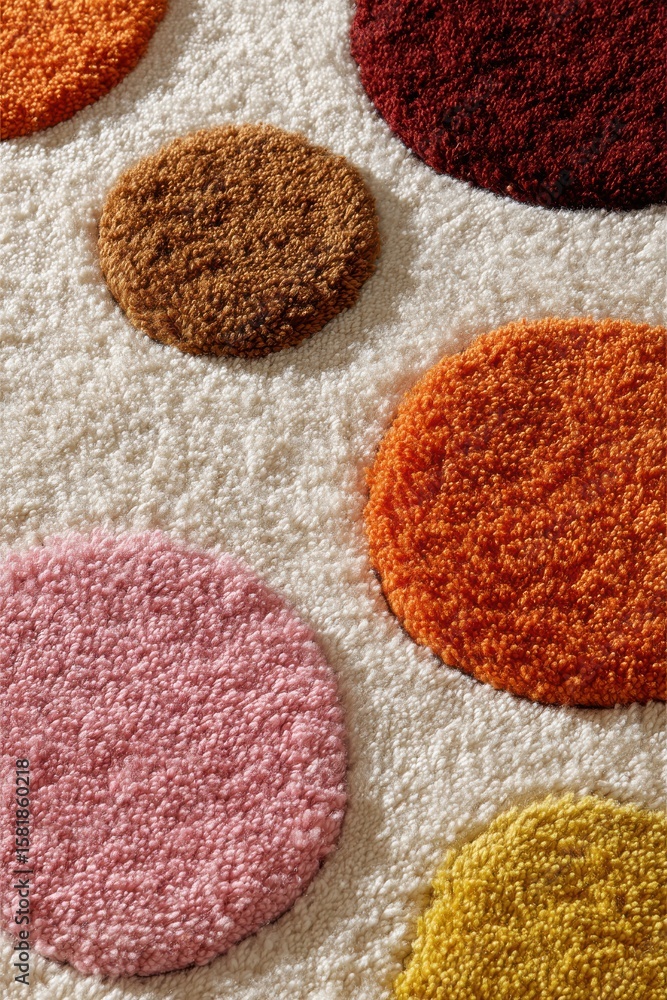 Poster close-up of textured circular patterns on vibrant multicolored carpet