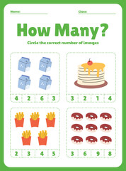 Counting exercise worksheet for kids learning to count, featuring stacks of pancakes, milk cartons, fries, and donuts.
