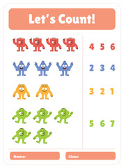 Counting exercise worksheet for kids featuring cartoon monsters for counting practice, with numbers and spaces for name and date.