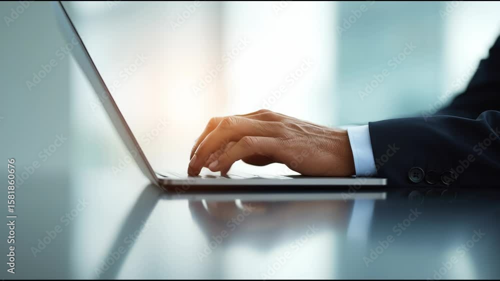 Poster a man is typing on a laptop in front of a window