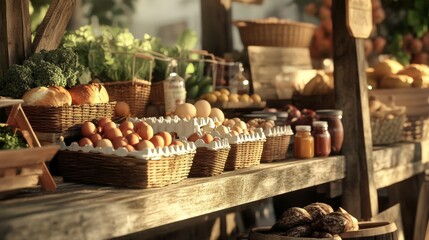A rustic market stand with fresh eggs in baskets, jars of preserves and vegetables. Organic farming, sustainable living