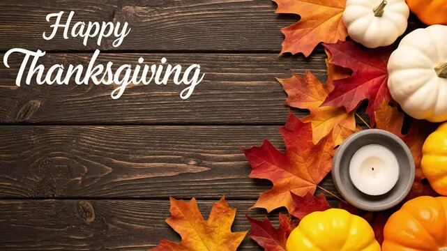 A charming animated greeting with Happy Thanksgiving text on a rustic wood background with autumn leaves and pumpkins perfect for a warm holiday message
