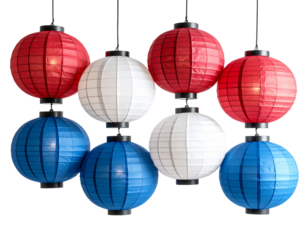  Cluster of Red White, and Blue Round Paper Lanterns Hanging on Strings isolated on transparent background PNG