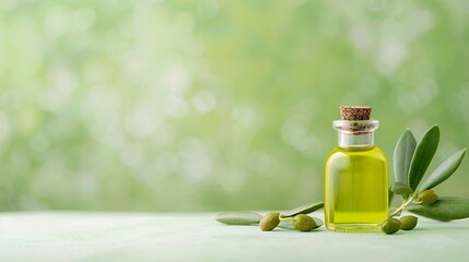 Olive oil bottle with olives and leaves on green background