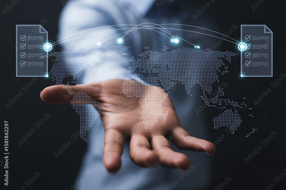 Poster global network connection with digital world map and checklist documents data connection technology