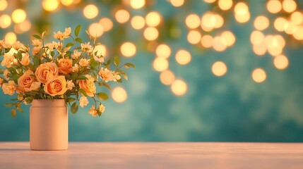 Peach Roses in Vase with Bokeh Lights