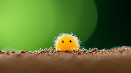 Cute Orange Fuzzy Creature Peeking from Soil Macro