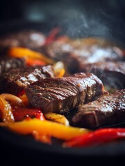 Close Up of Sizzling Steak and Peppers. A delicious image perfect for menus, cookbooks, or culinary websites.