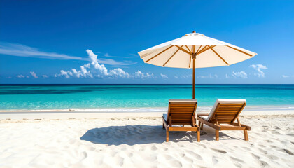 Fototapeta premium Empty Beach Loungers and White Umbrella on Pristine Tropical White Sand Beach by Turquoise Ocean Under Blue Sky