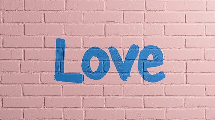 Blue Love Painted on Pink Brick Wall Art