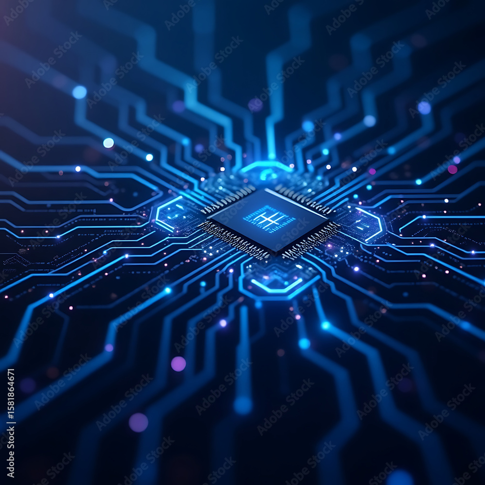 Poster a vibrant blue circuit board forms an intricate electronic background, showcasing advanced computer 
