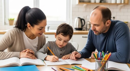 A family of three, consisting of a mother, father, and child, sitting at a table in a kitchen, engaged in a collaborative activity of coloring with colored pencils.
