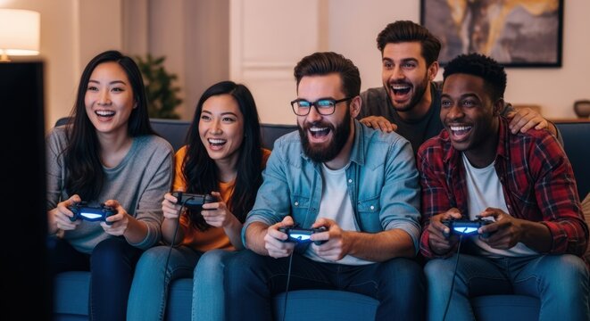 Five friends playing video games on a couch. - Powered by Adobe