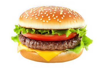 Delicious hamburger with beef patty, cheese, lettuce, and tomato on sesame seed bun stock image food photography isolated on transparent background