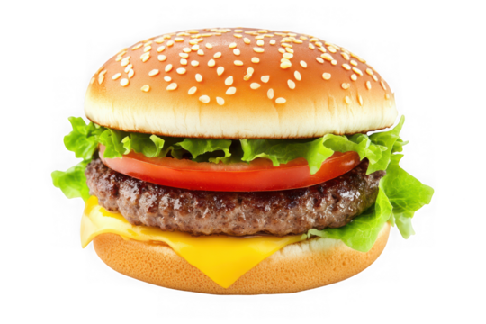 Delicious hamburger with beef patty, cheese, lettuce, and tomato on sesame seed bun stock image food photography isolated on transparent background