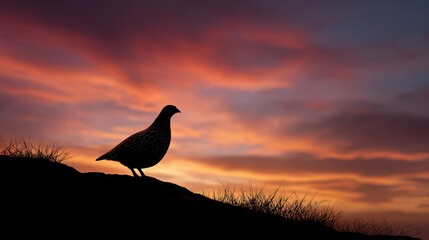 Fototapeta premium Silhouette of bird on grassy hill against vibrant sunset sky with clouds