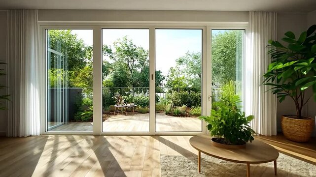 Sunlit modern living room with hardwood floors, large sliding glass doors opening to a lush green garden, white sofa, and potted plants. Bright, airy, and minimalist design