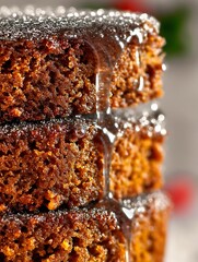 Fototapeta premium Close up of Three Layers of Delicious Sticky Gingerbread Cake Drizzled with Glaze.