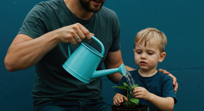 Father helping blonde son water plant seedling with turquoise watering can. Dark green t-shirt, navy shirt, blue background. Environmental education concept