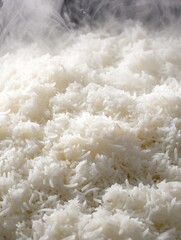 Steaming Hot Cooked Rice, Close Up Food Texture.