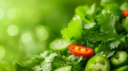 Vibrant Cilantro and Chili Peppers Macro Shot