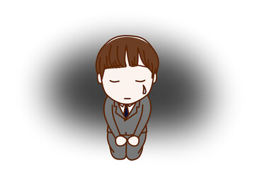 （全身正面）悲しいことがあり座り込んで涙を流し落ち込む男子学生