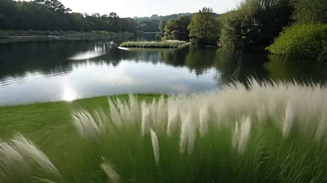 Serene landscape featuring a field of white pampas grass gently swaying in the breeze, adjacent to a tranquil body of water and lush green grass under soft sunlight