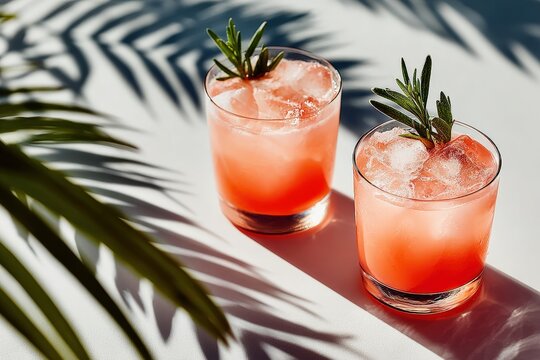 Two vibrant pink cocktails, adorned with rosemary sprigs and ice, sit on a white surface with palm leaf shadows, creating a refreshing summer ambiance - Powered by Adobe