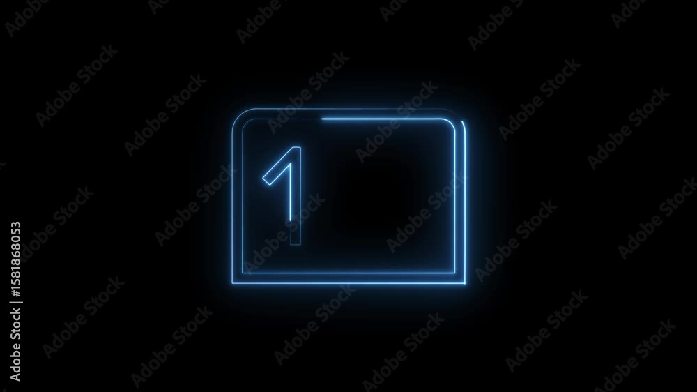 Poster glowing number one neon light animation on black background for countdown or presentation