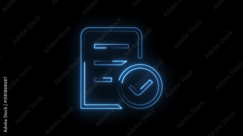 Poster neon document confirmation glowing motion graphics on black background simple animation for visuals