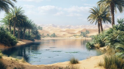 Oasis scene in a desert landscape