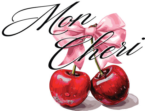 Cherry Cherries bow mon cherie French romantic  Script Slogan Graphic Tee t-shirt logo artwork typography tote badge emblem crest Fashion trendy Europe  euro summer clothing slogan design