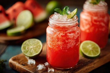 Two jars of refreshing watermelon juice garnished with lime, mint and ice cubes, sitting on a wooden table with watermelon slices in the background