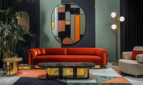 art deco furniture, lacquered surfaces, geometric shapes, brass accents, bold contrast, 1920s glamour