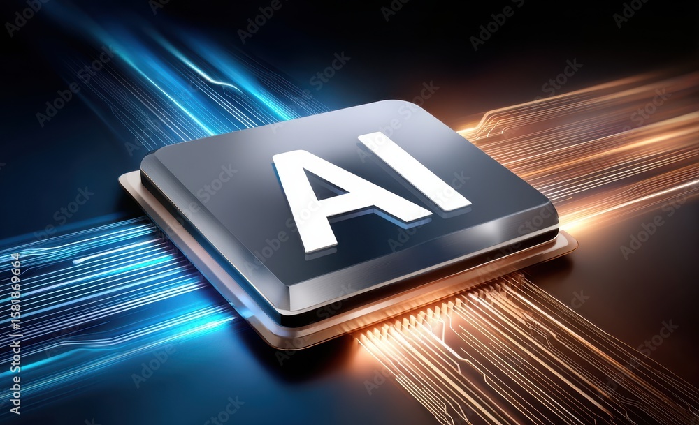 Poster Futuristic AI Processor with Abstract Glowing Circuitry and Data Flow