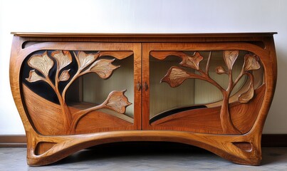 art nouveau furniture, flowing organic lines, natural motifs, inlaid wood, curved silhouettes, early 20th century style 