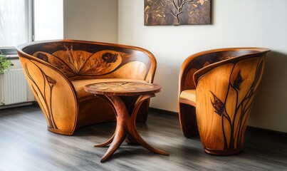 art nouveau furniture, flowing organic lines, natural motifs, inlaid wood, curved silhouettes, early 20th century style 