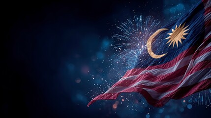 Modern graphic composition of Malaysia flag elements, fireworks in background, Independence Day celebration, minimalist commercial style