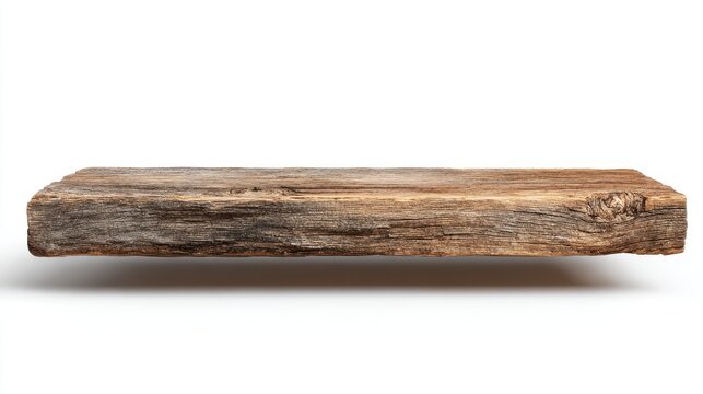 A 4K photo of rustic wood plank shelf, isolated white background, display mockup.