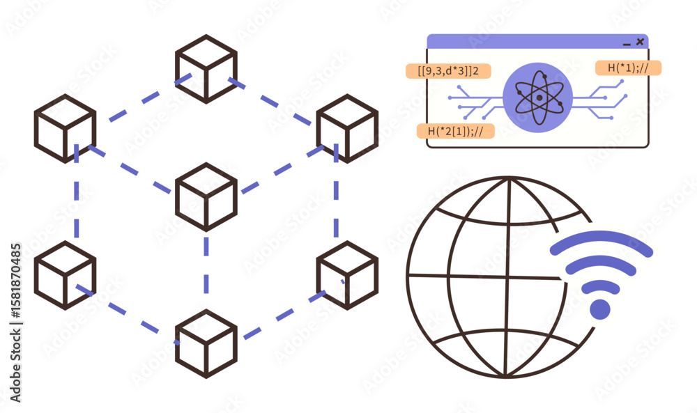 Aufkleber decentralized blockchain with cubes connected by dotted lines, a science-based technology interface,