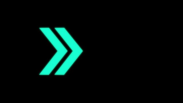 Animated looping swipe Right arrow pointing. Cyan color Right-directional arrow loop animation on black background.