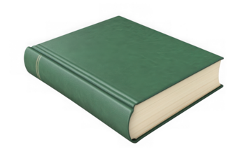 Green book illustration, hardcover book image, educational resource, reading material, library resource, bookworm, isolated on transparent background