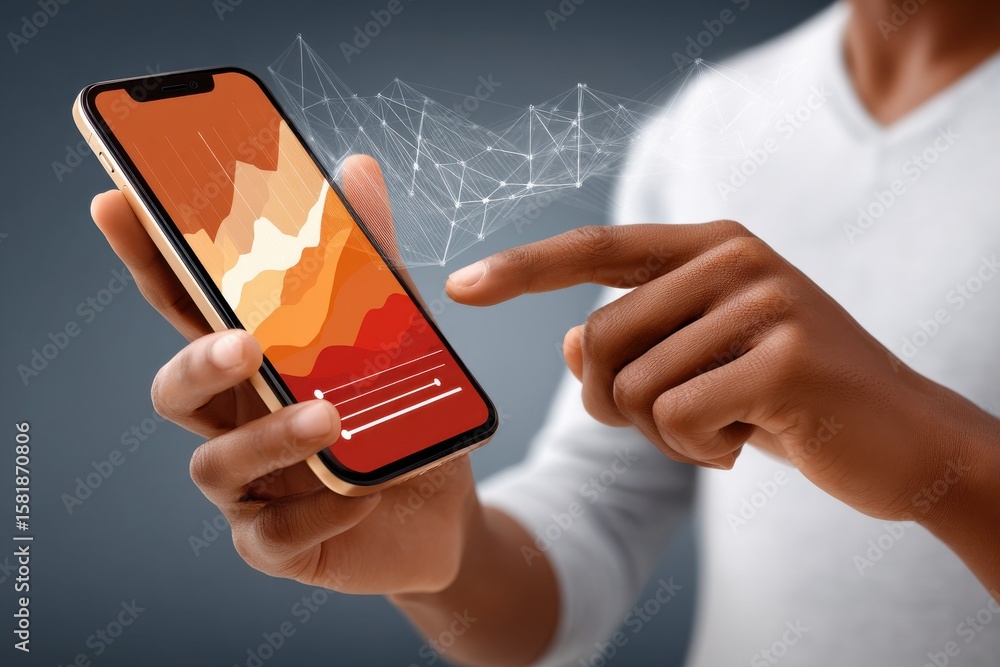 Poster close-up of a smartphone with a financial chart and wireframe data visualization