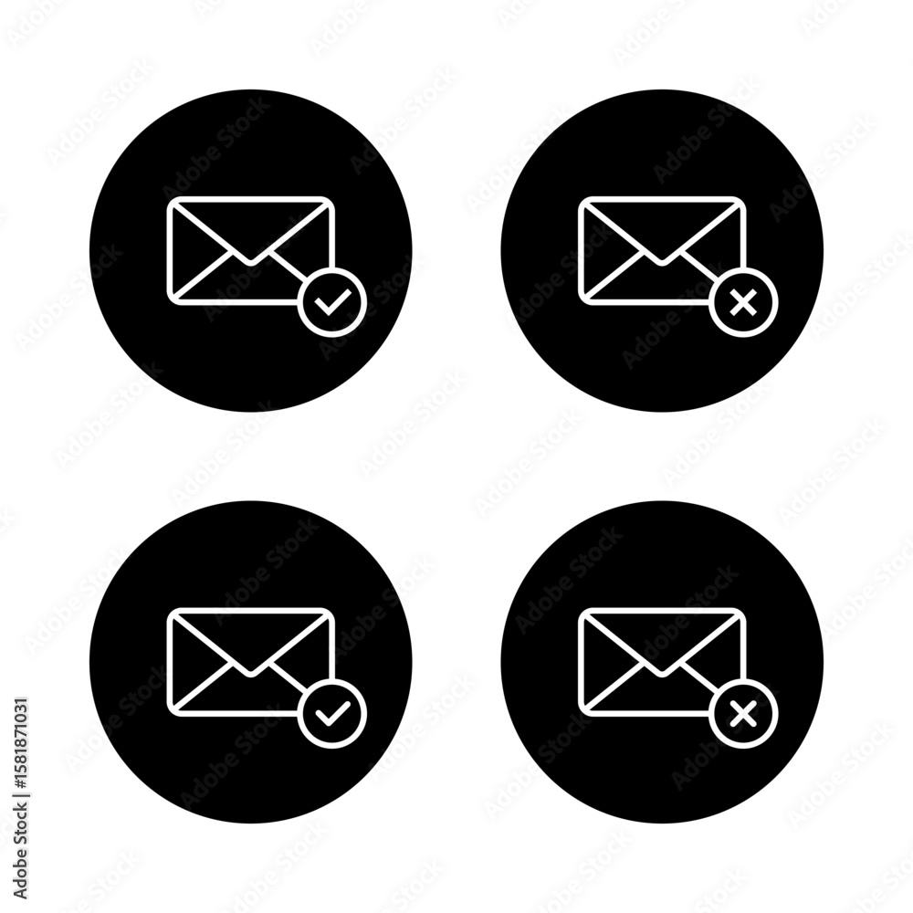 Poster approve and decline message icon. accept and reject email symbol in black circle. envelope with chec