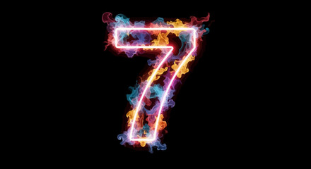 Number Seven Glowing with Colorful Fire on Black Background