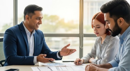 Three business professionals discussing financial data in a modern office setting.