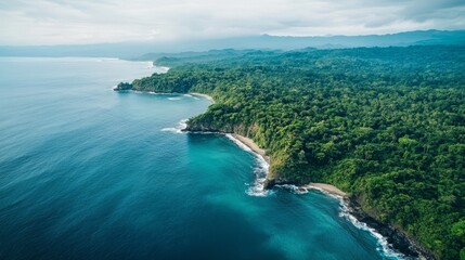 Fototapeta premium Aerial drone view of isla del caño in costa rica featuring a tropical island landscape with lush green jungle surrounded by clear blue ocean waters, capturing natural beauty and exotic coastal scenery